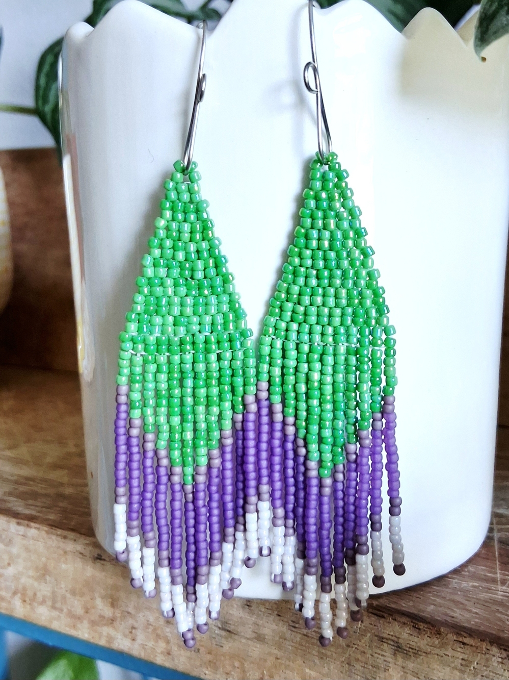 Green & Purple Beaded Fringe Earrings